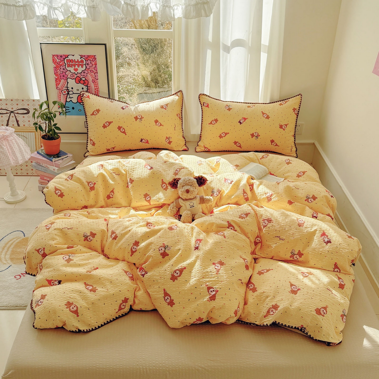 91家纺网 家纺一手货源 找家纺 玉海棠家纺 2026新款高品质A类泡芙纱甜栗贝壳边套件系列-小红书推荐（110g） 甜栗-星星糖豆