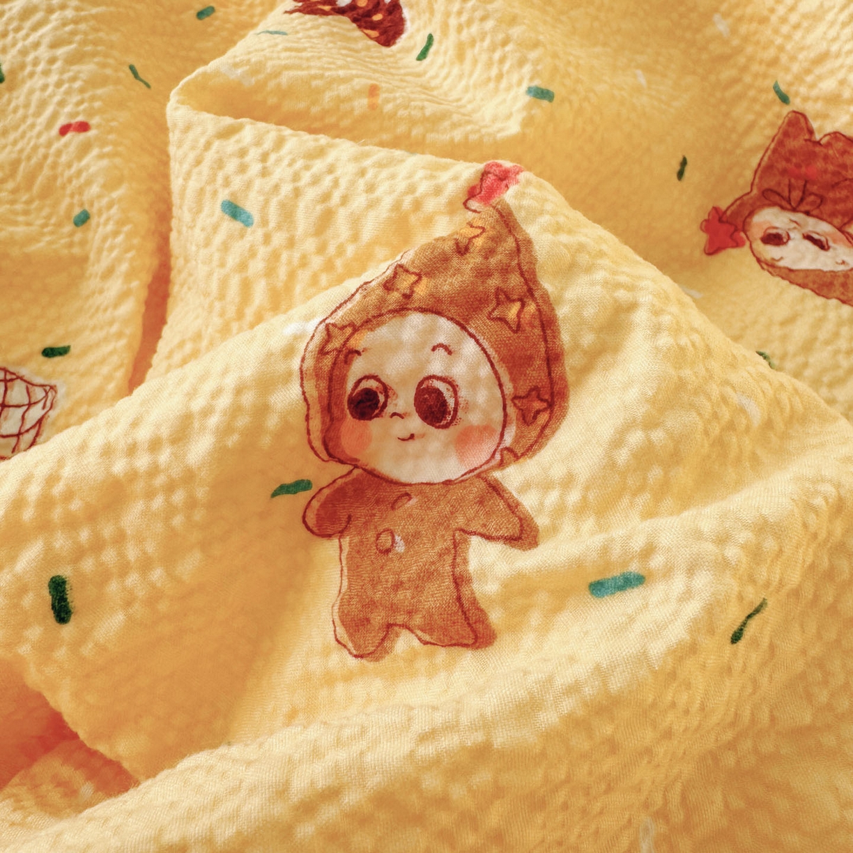 91家纺网 家纺一手货源 找家纺 玉海棠家纺 2026新款高品质A类泡芙纱甜栗贝壳边套件系列-小红书推荐（110g） 甜栗-星星糖豆