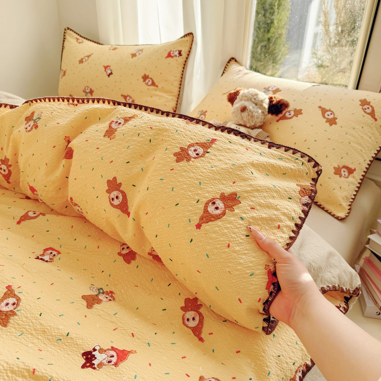 91家纺网 家纺一手货源 找家纺 玉海棠家纺 2026新款高品质A类泡芙纱甜栗贝壳边套件系列-小红书推荐（110g） 甜栗-星星糖豆