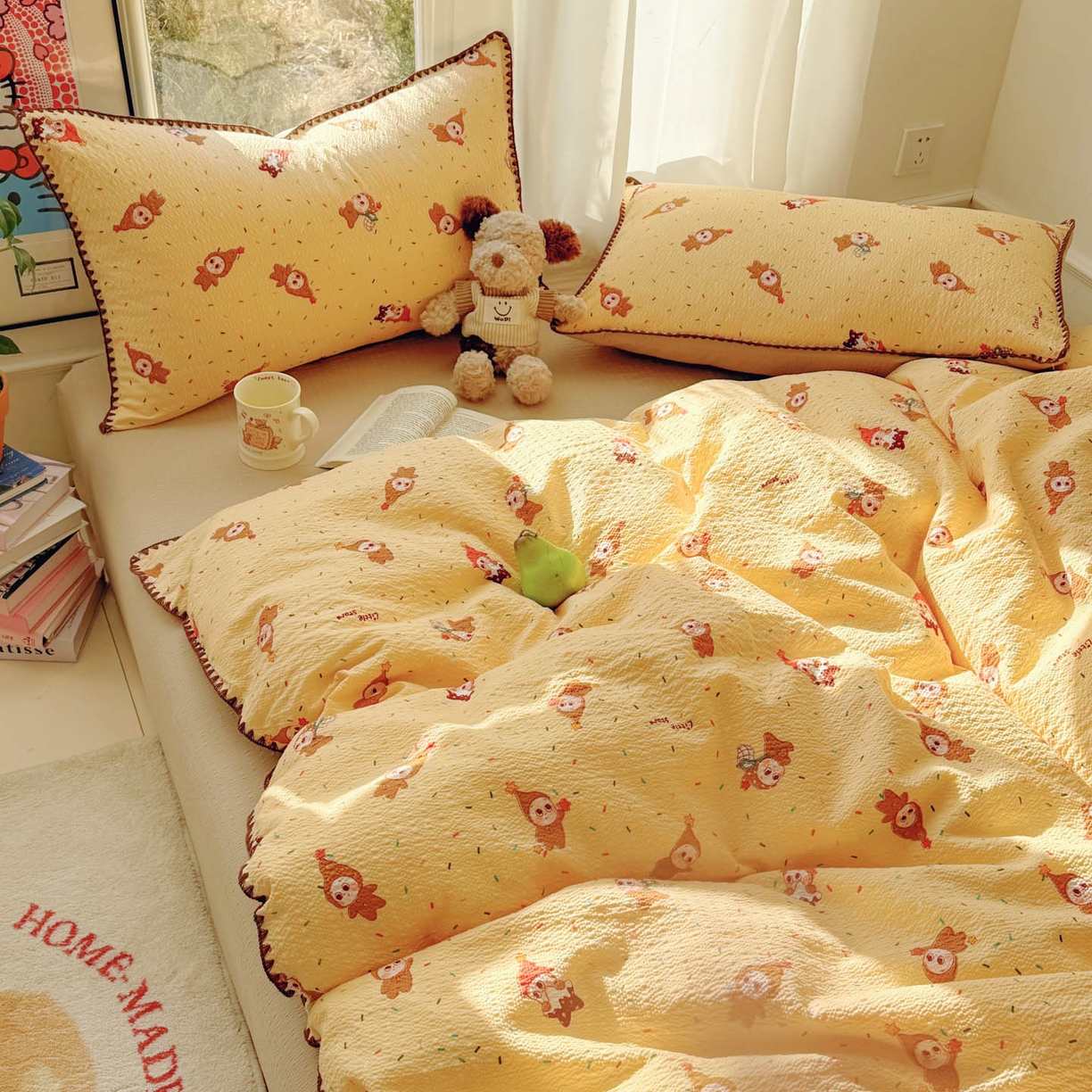 91家纺网 家纺一手货源 找家纺 玉海棠家纺 2026新款高品质A类泡芙纱甜栗贝壳边套件系列-小红书推荐（110g） 甜栗-星星糖豆