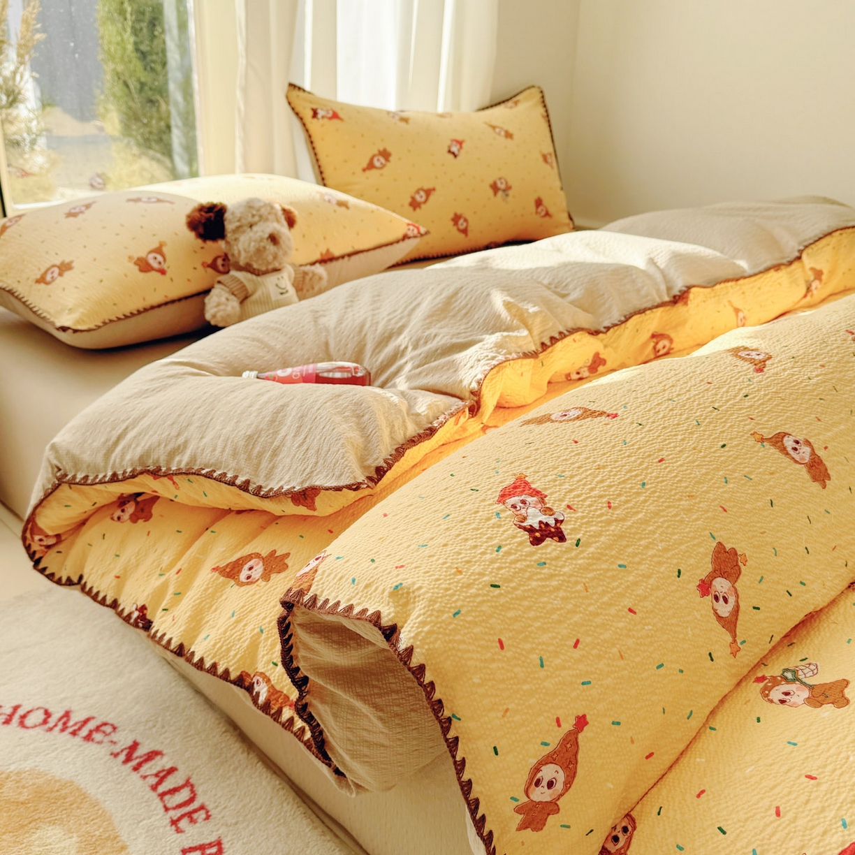 91家纺网 家纺一手货源 找家纺 玉海棠家纺 2026新款高品质A类泡芙纱甜栗贝壳边套件系列-小红书推荐（110g） 甜栗-星星糖豆