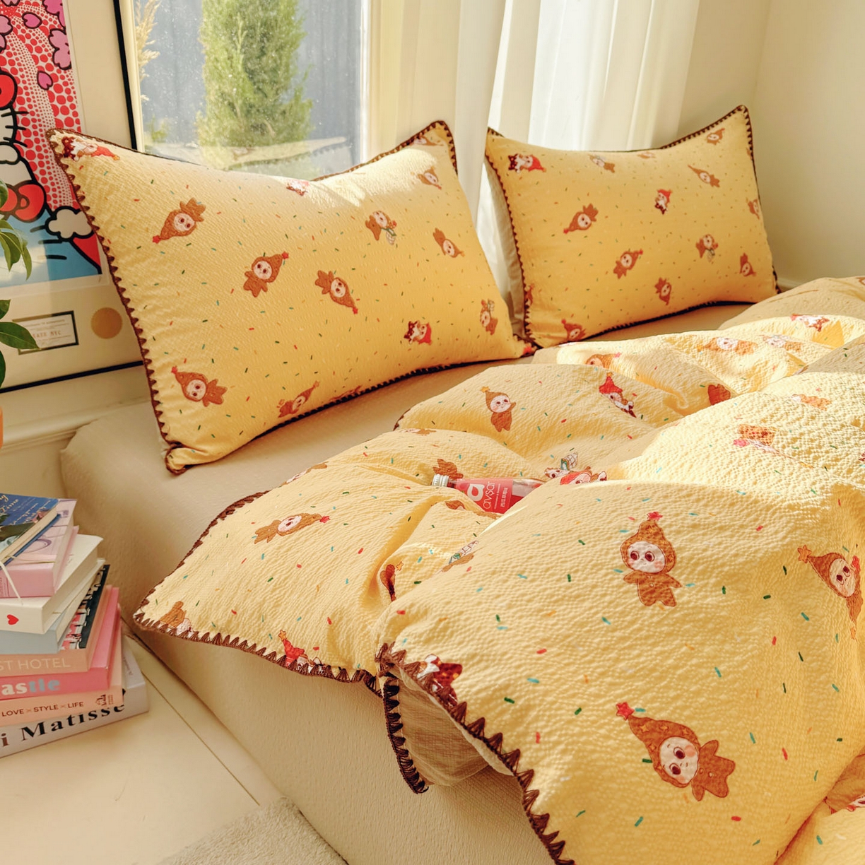 91家纺网 家纺一手货源 找家纺 玉海棠家纺 2026新款高品质A类泡芙纱甜栗贝壳边套件系列-小红书推荐（110g） 甜栗-星星糖豆