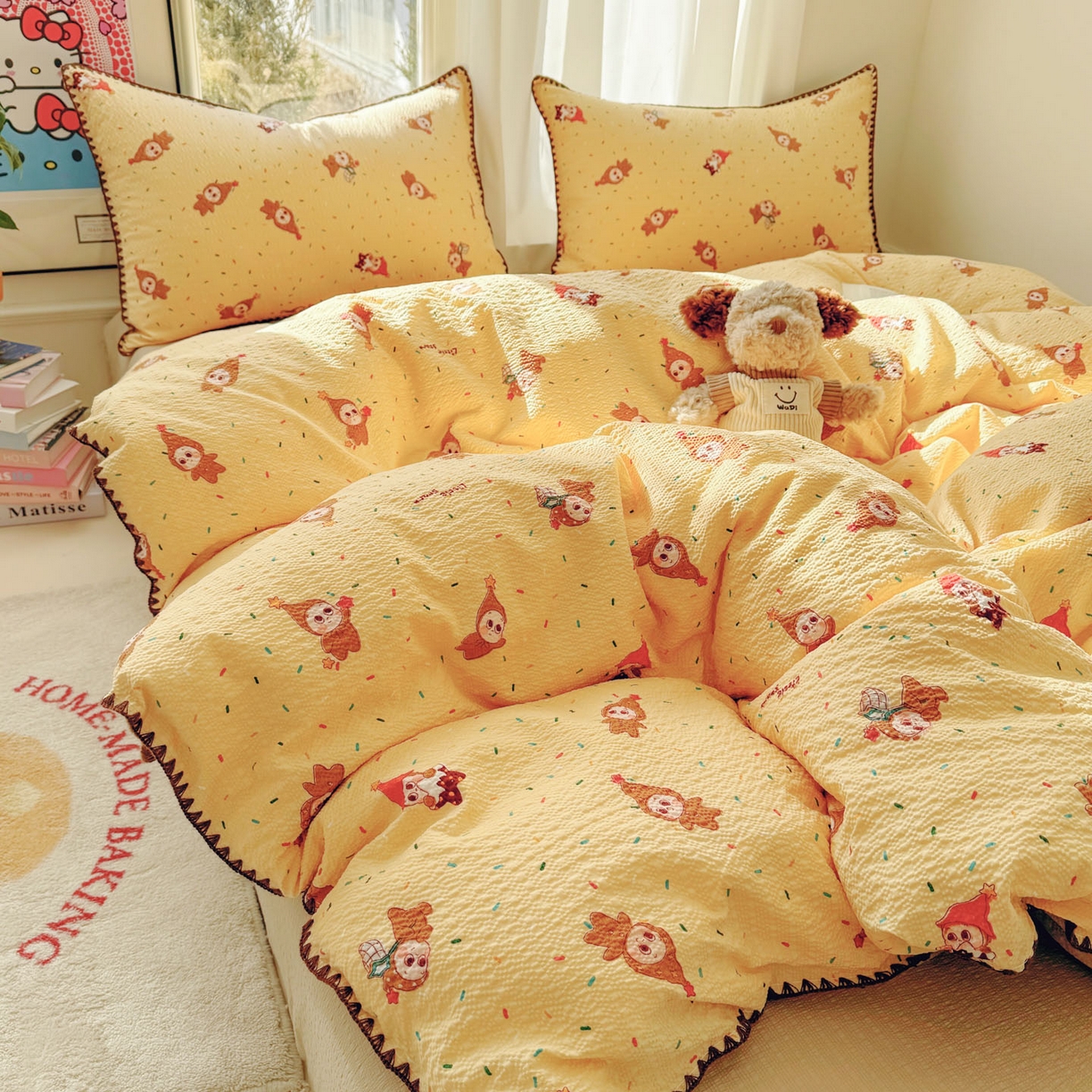 91家纺网 家纺一手货源 找家纺 玉海棠家纺 2026新款高品质A类泡芙纱甜栗贝壳边套件系列-小红书推荐（110g） 甜栗-星星糖豆