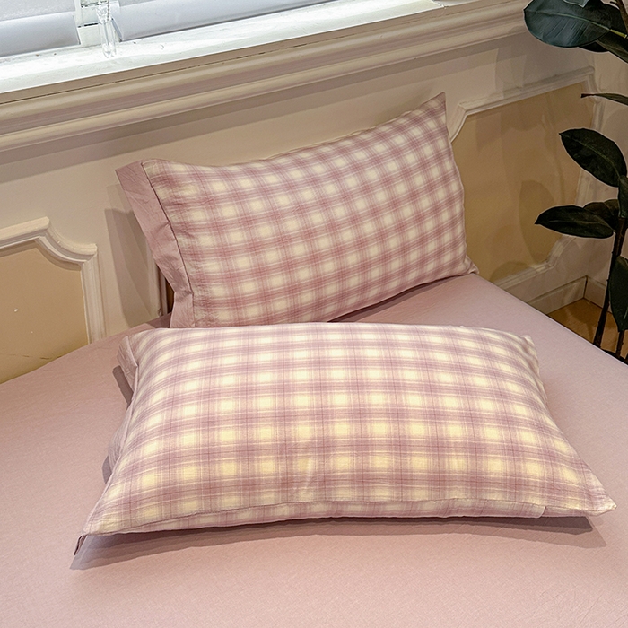 91家纺网 家纺一手货源 找家纺 麦朵家居 2026色织全棉水洗棉四件套暖格系列无印风床笠单被套长绒棉套件 暮光紫