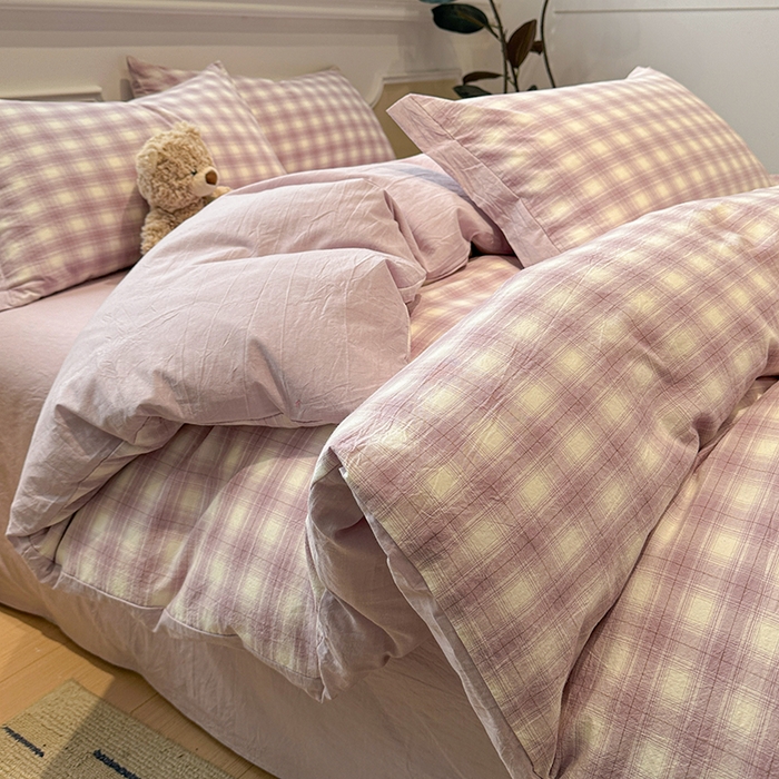 91家纺网 家纺一手货源 找家纺 麦朵家居 2026色织全棉水洗棉四件套暖格系列无印风床笠单被套长绒棉套件 暮光紫