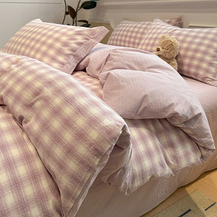 91家纺网 家纺一手货源 找家纺 麦朵家居 2026色织全棉水洗棉四件套暖格系列无印风床笠单被套长绒棉套件 暮光紫