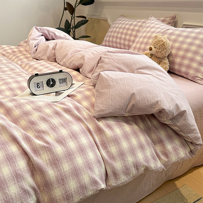 麦朵家居 2026色织全棉水洗棉四件套暖格系列无印风床笠单被套长绒棉套件 暮光紫