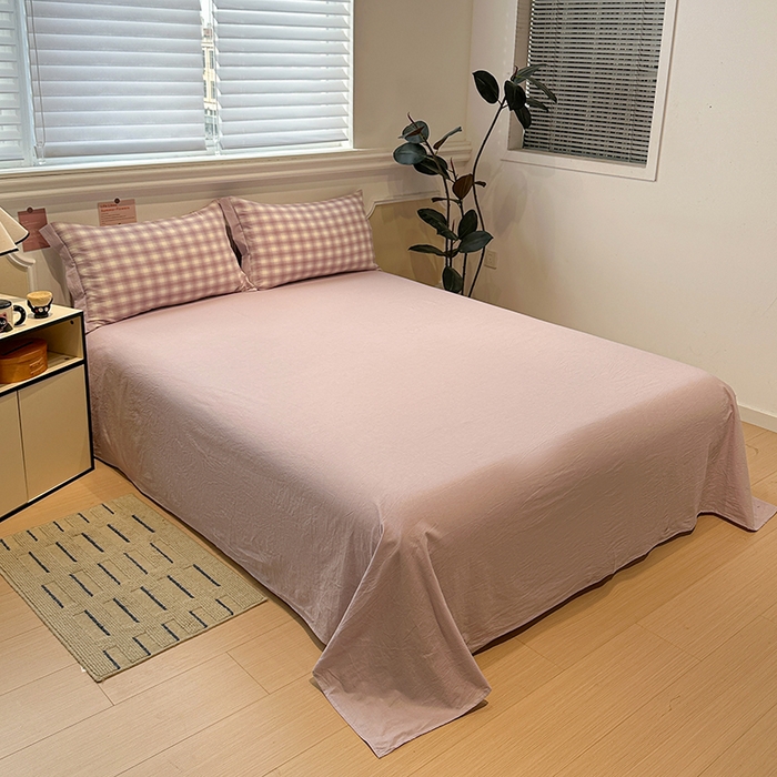 91家纺网 家纺一手货源 找家纺 麦朵家居 2026色织全棉水洗棉四件套暖格系列无印风床笠单被套长绒棉套件 暮光紫