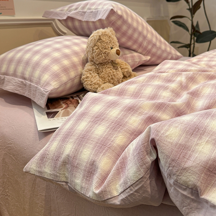 91家纺网 家纺一手货源 找家纺 麦朵家居 2026色织全棉水洗棉四件套暖格系列无印风床笠单被套长绒棉套件 暮光紫