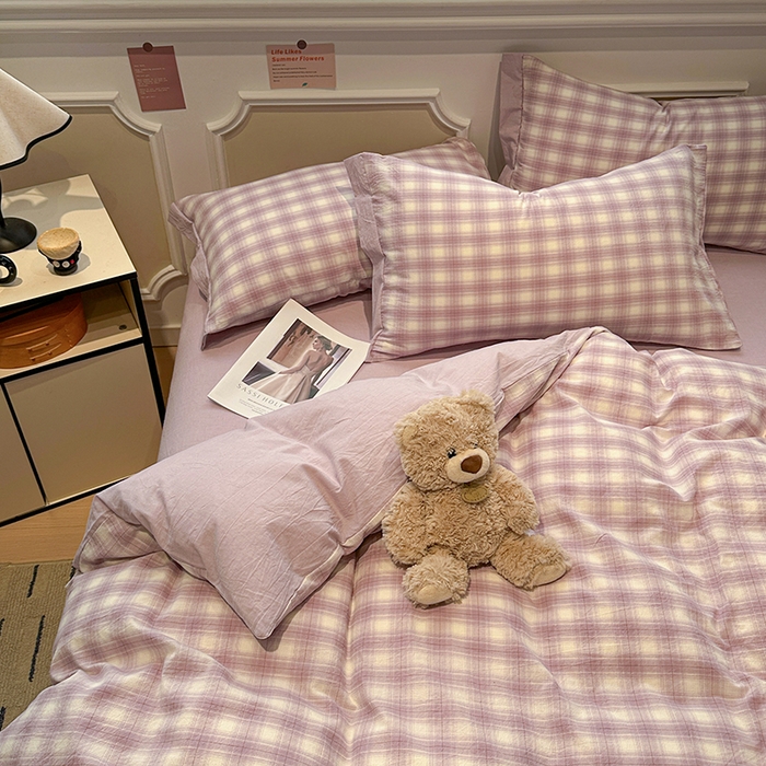 91家纺网 家纺一手货源 找家纺 麦朵家居 2026色织全棉水洗棉四件套暖格系列无印风床笠单被套长绒棉套件 暮光紫