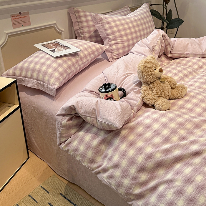 91家纺网 家纺一手货源 找家纺 麦朵家居 2026色织全棉水洗棉四件套暖格系列无印风床笠单被套长绒棉套件 暮光紫