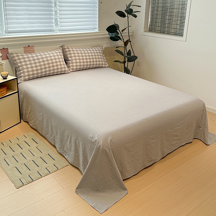 91家纺网 家纺一手货源 找家纺 麦朵家居 2026色织全棉水洗棉四件套暖格系列无印风床笠单被套长绒棉套件 星际灰