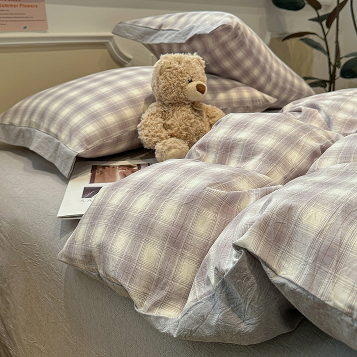 91家纺网 家纺一手货源 找家纺 麦朵家居 2026色织全棉水洗棉四件套暖格系列无印风床笠单被套长绒棉套件 星际灰