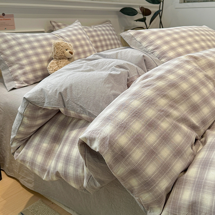 91家纺网 家纺一手货源 找家纺 麦朵家居 2026色织全棉水洗棉四件套暖格系列无印风床笠单被套长绒棉套件 星际灰