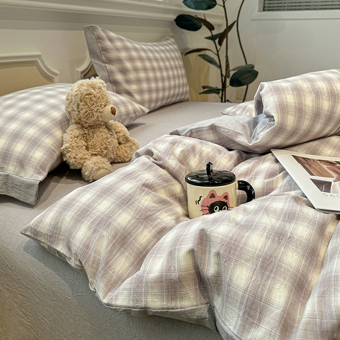 91家纺网 家纺一手货源 找家纺 麦朵家居 2026色织全棉水洗棉四件套暖格系列无印风床笠单被套长绒棉套件 星际灰