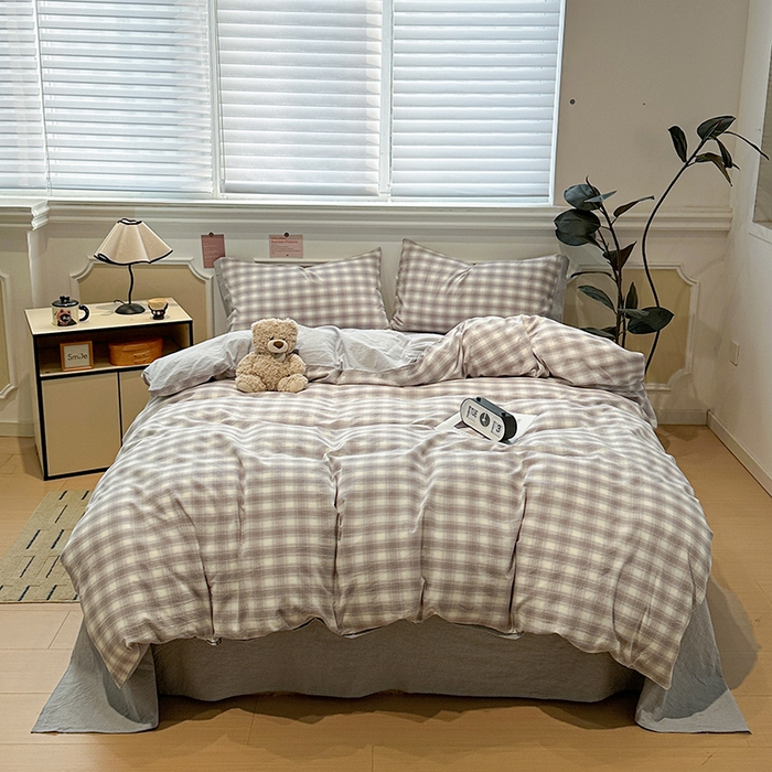 91家纺网 家纺一手货源 找家纺 麦朵家居 2026色织全棉水洗棉四件套暖格系列无印风床笠单被套长绒棉套件 星际灰