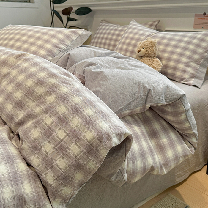 91家纺网 家纺一手货源 找家纺 麦朵家居 2026色织全棉水洗棉四件套暖格系列无印风床笠单被套长绒棉套件 星际灰