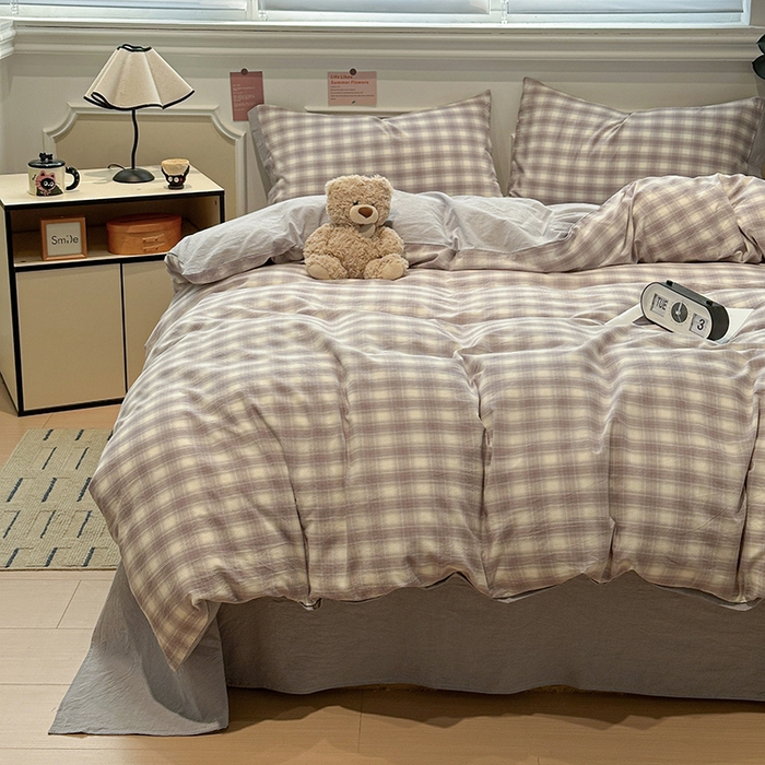 91家纺网 家纺一手货源 找家纺 麦朵家居 2026色织全棉水洗棉四件套暖格系列无印风床笠单被套长绒棉套件 星际灰