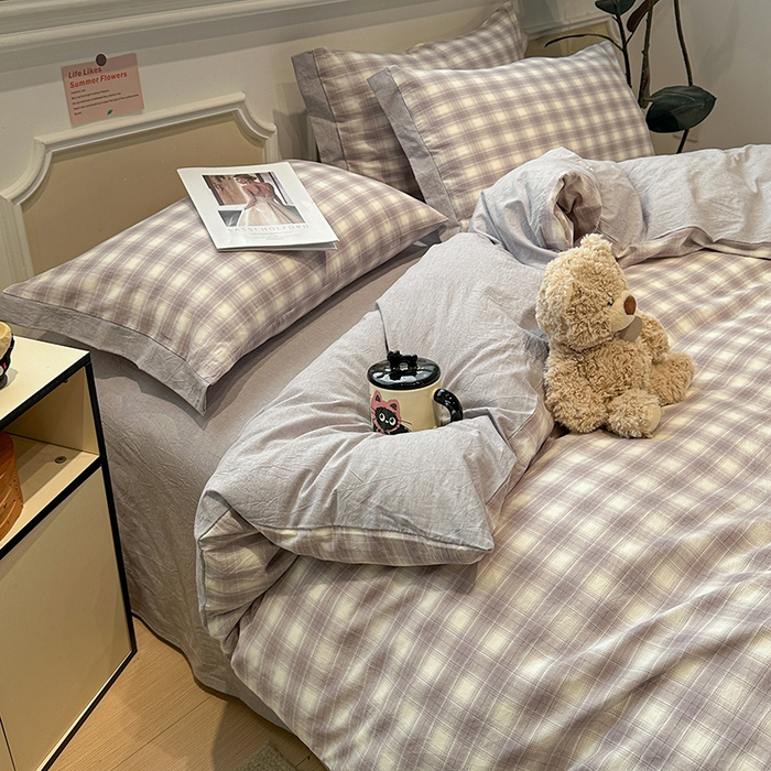 91家纺网 家纺一手货源 找家纺 麦朵家居 2026色织全棉水洗棉四件套暖格系列无印风床笠单被套长绒棉套件 星际灰