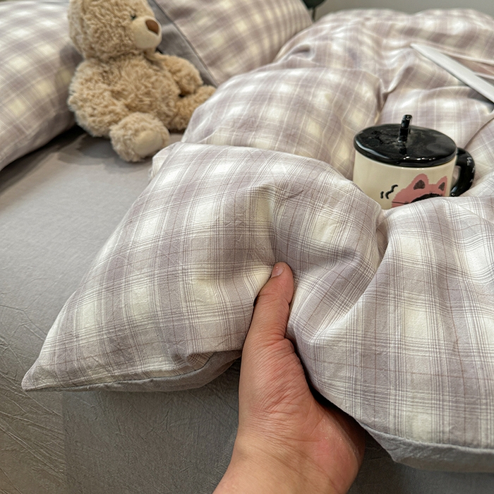 91家纺网 家纺一手货源 找家纺 麦朵家居 2026色织全棉水洗棉四件套暖格系列无印风床笠单被套长绒棉套件 星际灰