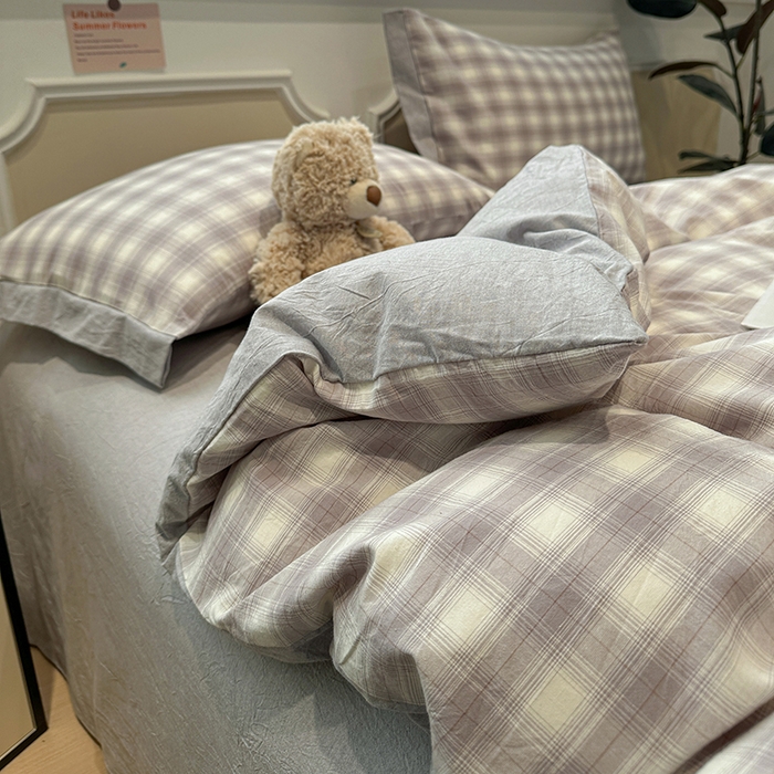 91家纺网 家纺一手货源 找家纺 麦朵家居 2026色织全棉水洗棉四件套暖格系列无印风床笠单被套长绒棉套件 星际灰