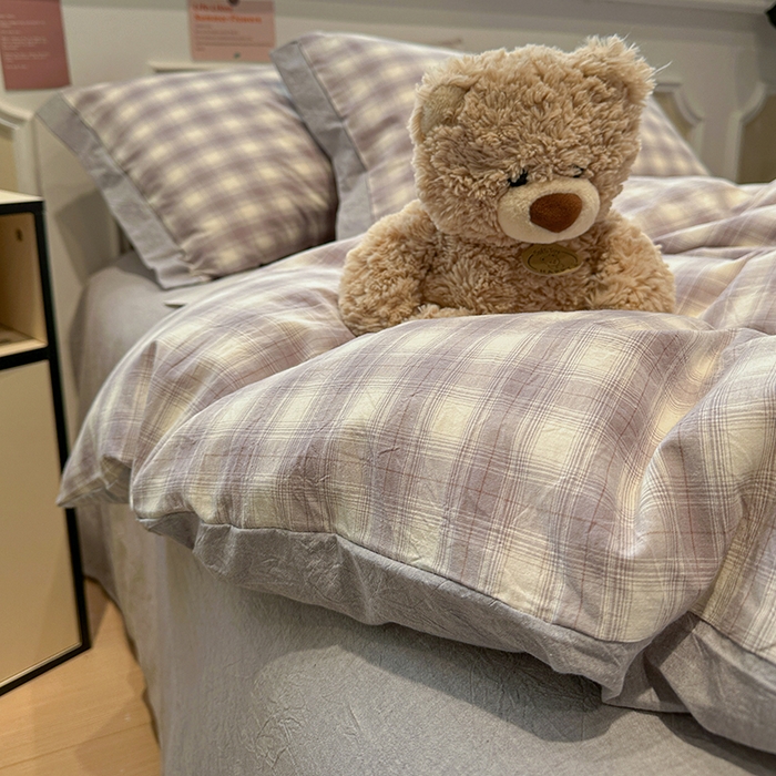 91家纺网 家纺一手货源 找家纺 麦朵家居 2026色织全棉水洗棉四件套暖格系列无印风床笠单被套长绒棉套件 星际灰