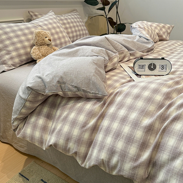 91家纺网 家纺一手货源 找家纺 麦朵家居 2026色织全棉水洗棉四件套暖格系列无印风床笠单被套长绒棉套件 星际灰