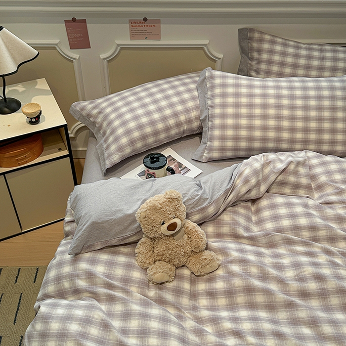 91家纺网 家纺一手货源 找家纺 麦朵家居 2026色织全棉水洗棉四件套暖格系列无印风床笠单被套长绒棉套件 星际灰