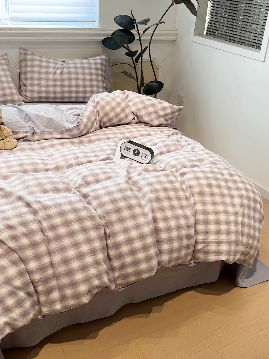 91家纺网 家纺一手货源 找家纺 麦朵家居 2026色织全棉水洗棉四件套暖格系列无印风床笠单被套长绒棉套件 星际灰