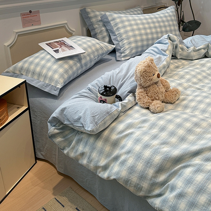 91家纺网 家纺一手货源 找家纺 麦朵家居 2026色织全棉水洗棉四件套暖格系列无印风床笠单被套长绒棉套件 烟雨兰