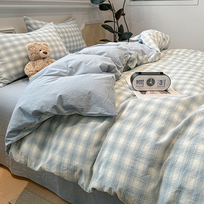 91家纺网 家纺一手货源 找家纺 麦朵家居 2026色织全棉水洗棉四件套暖格系列无印风床笠单被套长绒棉套件 烟雨兰