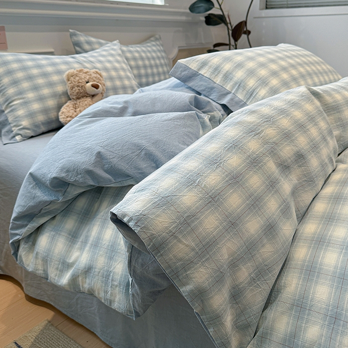 91家纺网 家纺一手货源 找家纺 麦朵家居 2026色织全棉水洗棉四件套暖格系列无印风床笠单被套长绒棉套件 烟雨兰