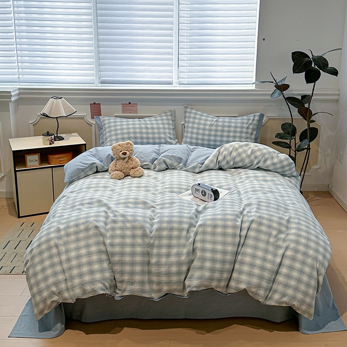 91家纺网 家纺一手货源 找家纺 麦朵家居 2026色织全棉水洗棉四件套暖格系列无印风床笠单被套长绒棉套件 烟雨兰