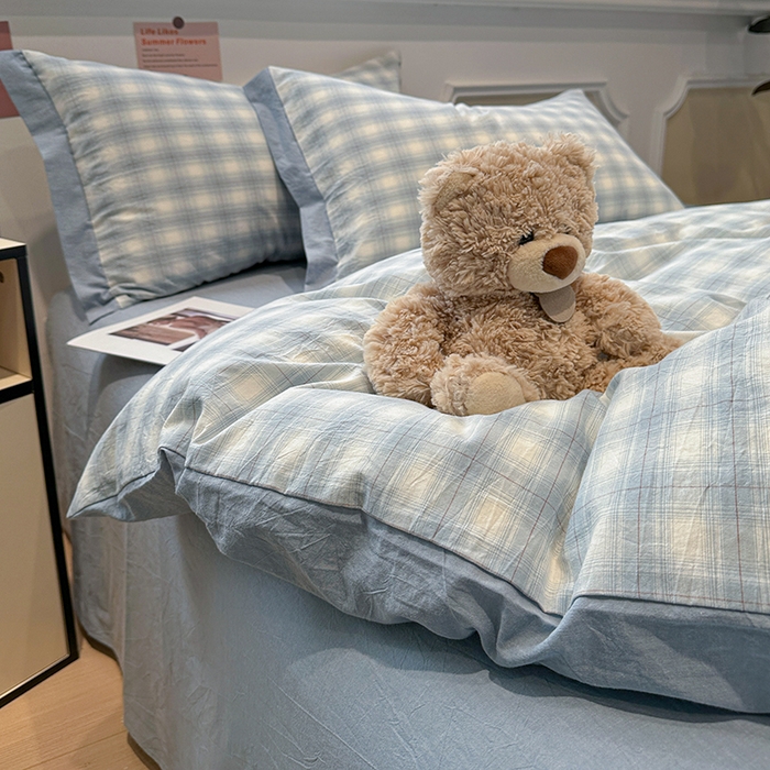 91家纺网 家纺一手货源 找家纺 麦朵家居 2026色织全棉水洗棉四件套暖格系列无印风床笠单被套长绒棉套件 烟雨兰