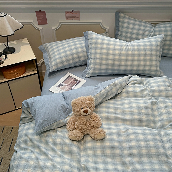 91家纺网 家纺一手货源 找家纺 麦朵家居 2026色织全棉水洗棉四件套暖格系列无印风床笠单被套长绒棉套件 烟雨兰