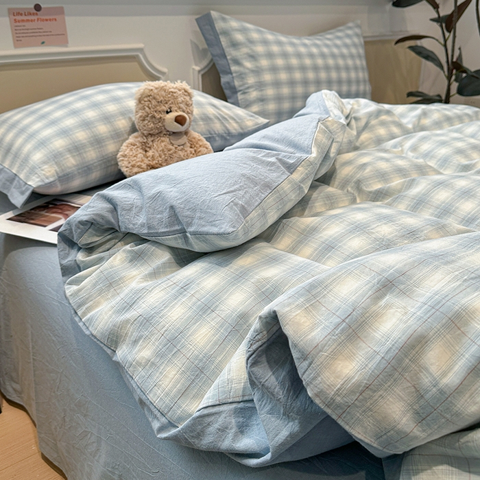 91家纺网 家纺一手货源 找家纺 麦朵家居 2026色织全棉水洗棉四件套暖格系列无印风床笠单被套长绒棉套件 烟雨兰