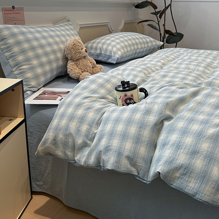 91家纺网 家纺一手货源 找家纺 麦朵家居 2026色织全棉水洗棉四件套暖格系列无印风床笠单被套长绒棉套件 烟雨兰