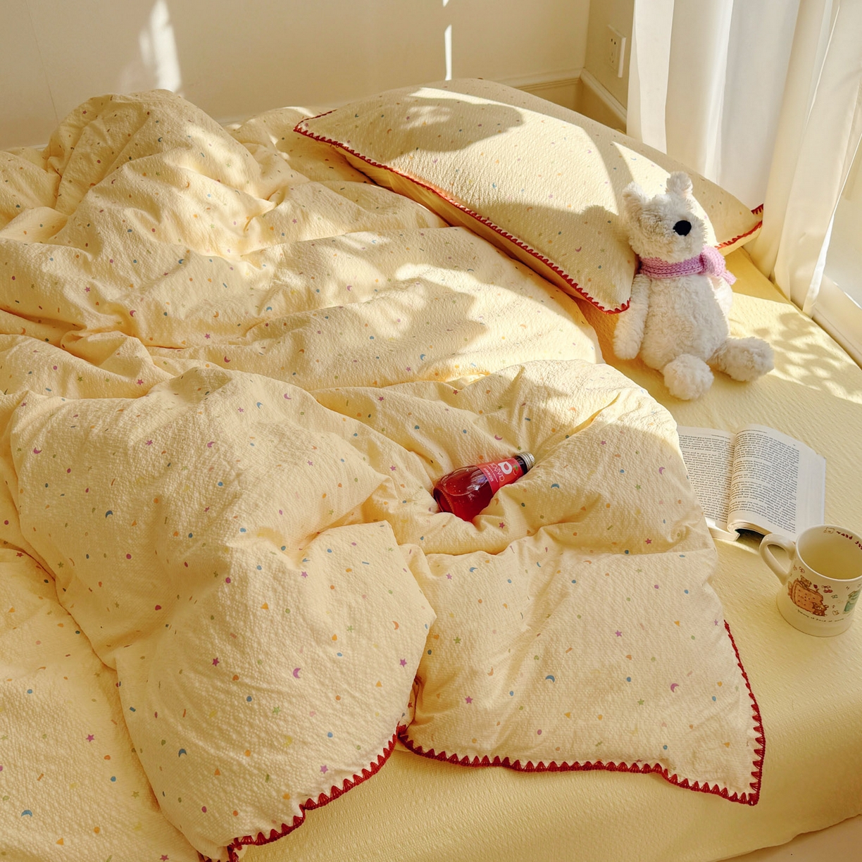 91家纺网 家纺一手货源 找家纺 玉海棠家纺 2026新款高品质A类泡芙纱甜栗贝壳边套件系列-小红书推荐（110g） 甜栗-星月糖粒