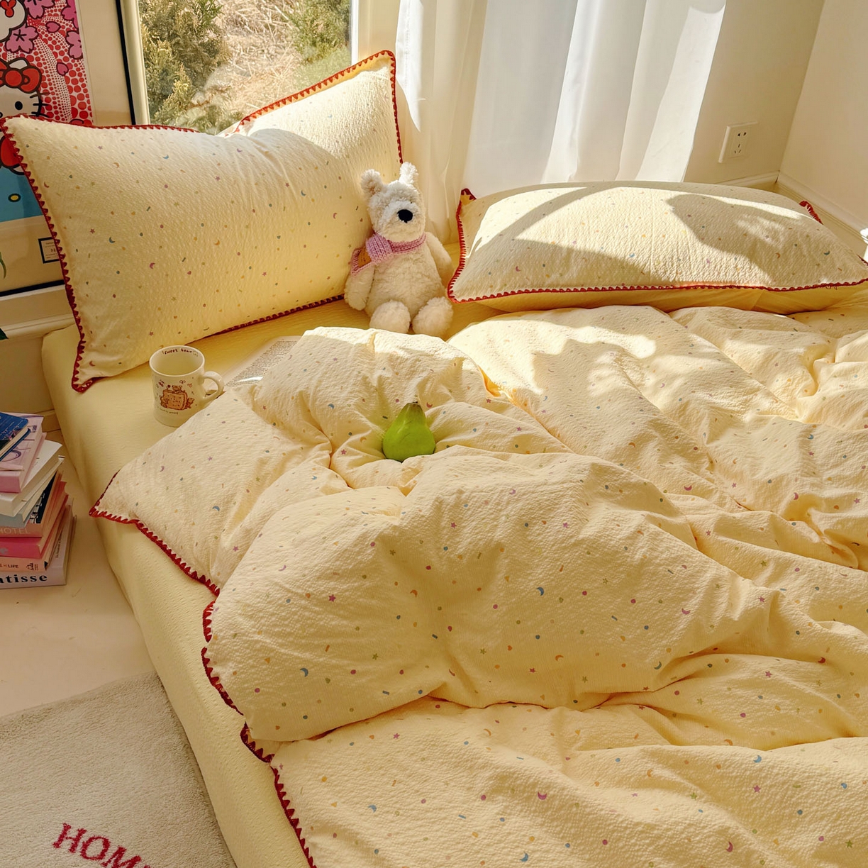 91家纺网 家纺一手货源 找家纺 玉海棠家纺 2026新款高品质A类泡芙纱甜栗贝壳边套件系列-小红书推荐（110g） 甜栗-星月糖粒