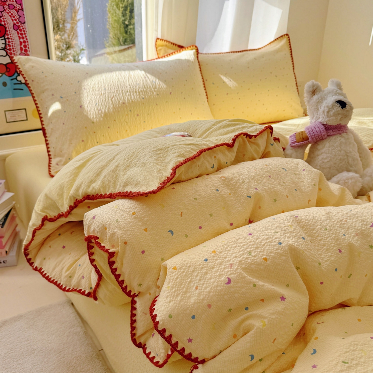 91家纺网 家纺一手货源 找家纺 玉海棠家纺 2026新款高品质A类泡芙纱甜栗贝壳边套件系列-小红书推荐（110g） 甜栗-星月糖粒