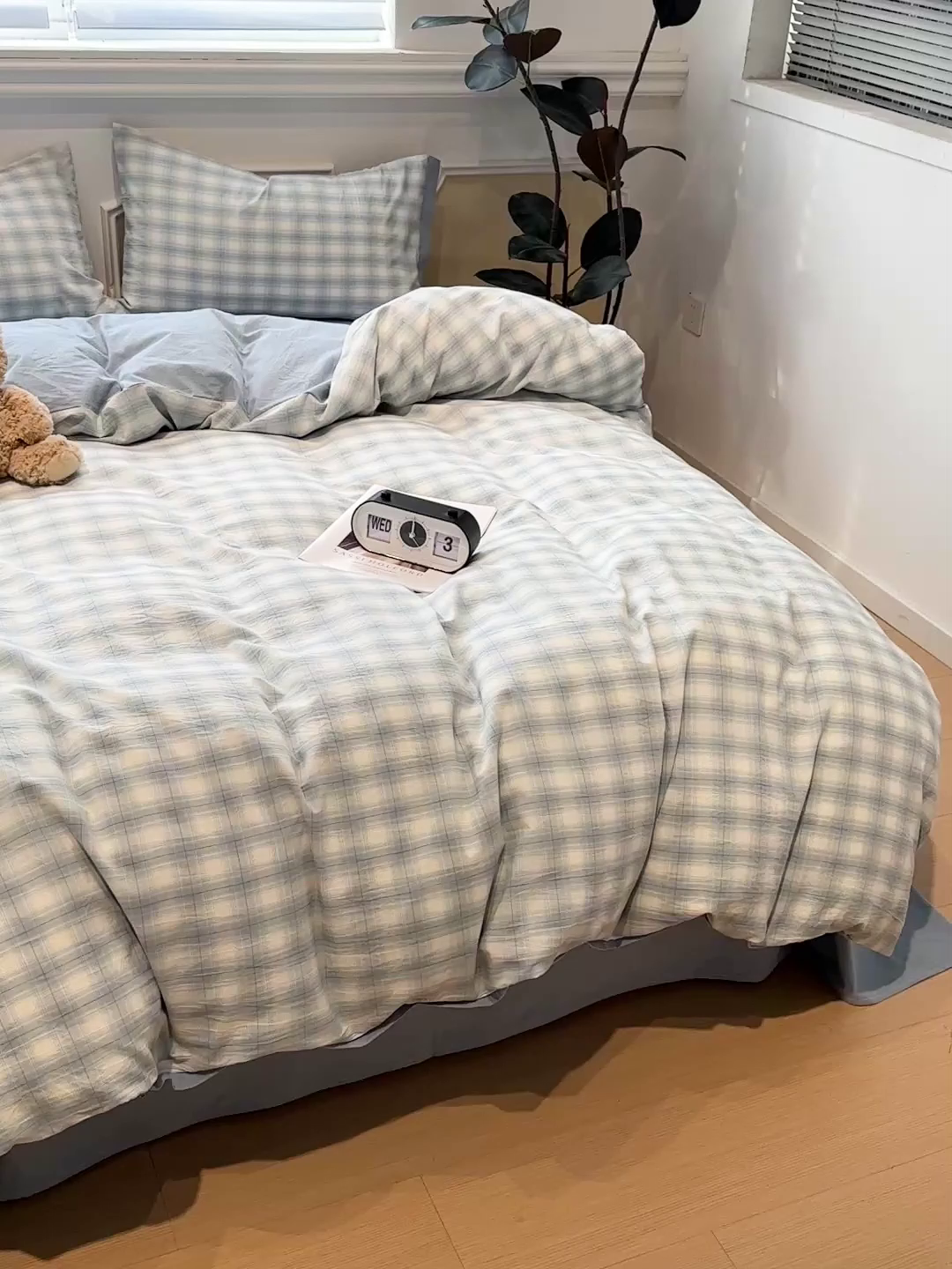 91家纺网 家纺一手货源 找家纺 麦朵家居 2026色织全棉水洗棉四件套暖格系列无印风床笠单被套长绒棉套件 烟雨兰