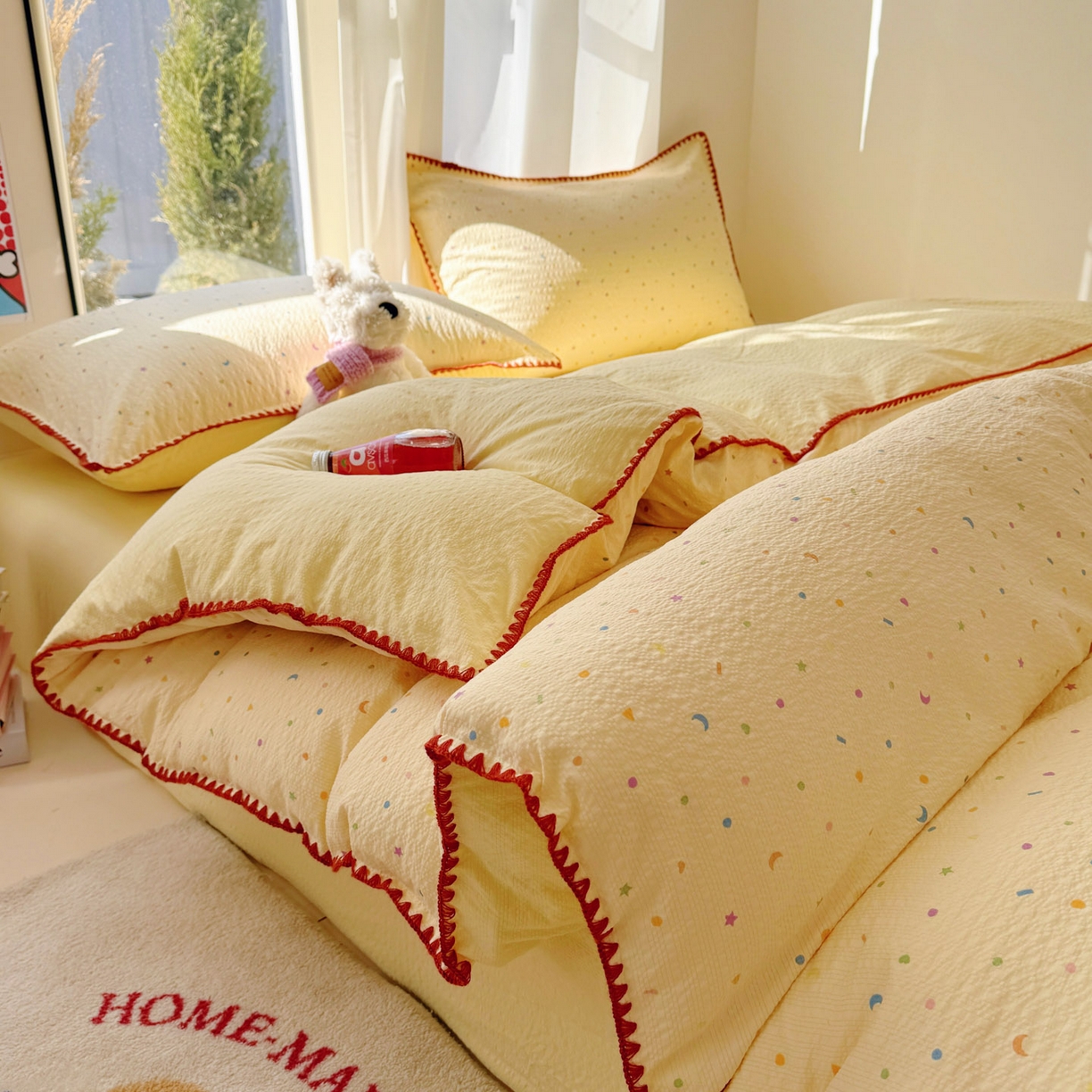 91家纺网 家纺一手货源 找家纺 玉海棠家纺 2026新款高品质A类泡芙纱甜栗贝壳边套件系列-小红书推荐（110g） 甜栗-星月糖粒