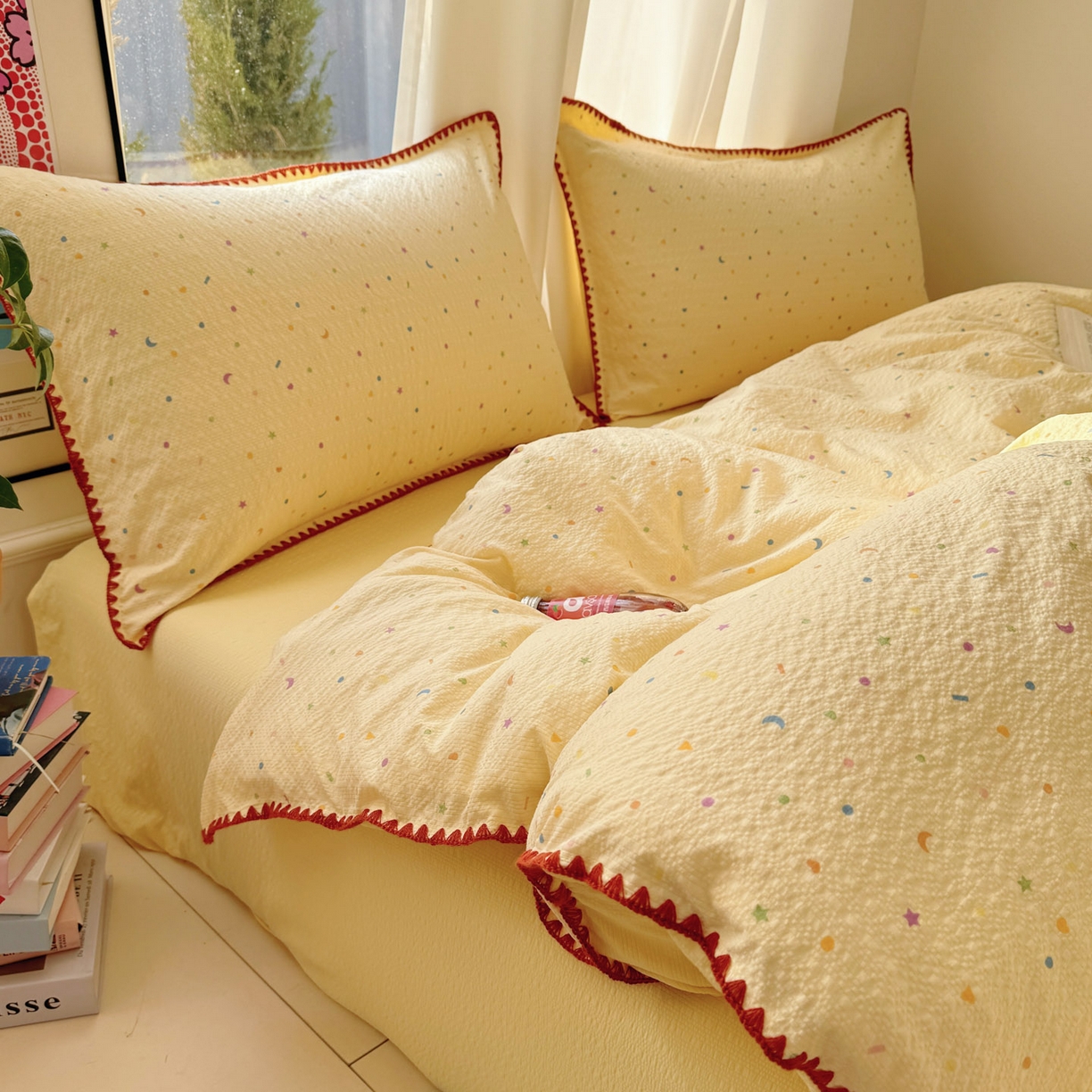 91家纺网 家纺一手货源 找家纺 玉海棠家纺 2026新款高品质A类泡芙纱甜栗贝壳边套件系列-小红书推荐（110g） 甜栗-星月糖粒