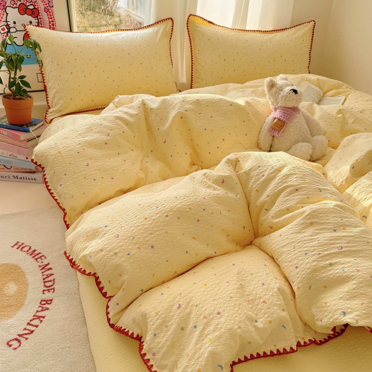 91家纺网 家纺一手货源 找家纺 玉海棠家纺 2026新款高品质A类泡芙纱甜栗贝壳边套件系列-小红书推荐（110g） 甜栗-星月糖粒