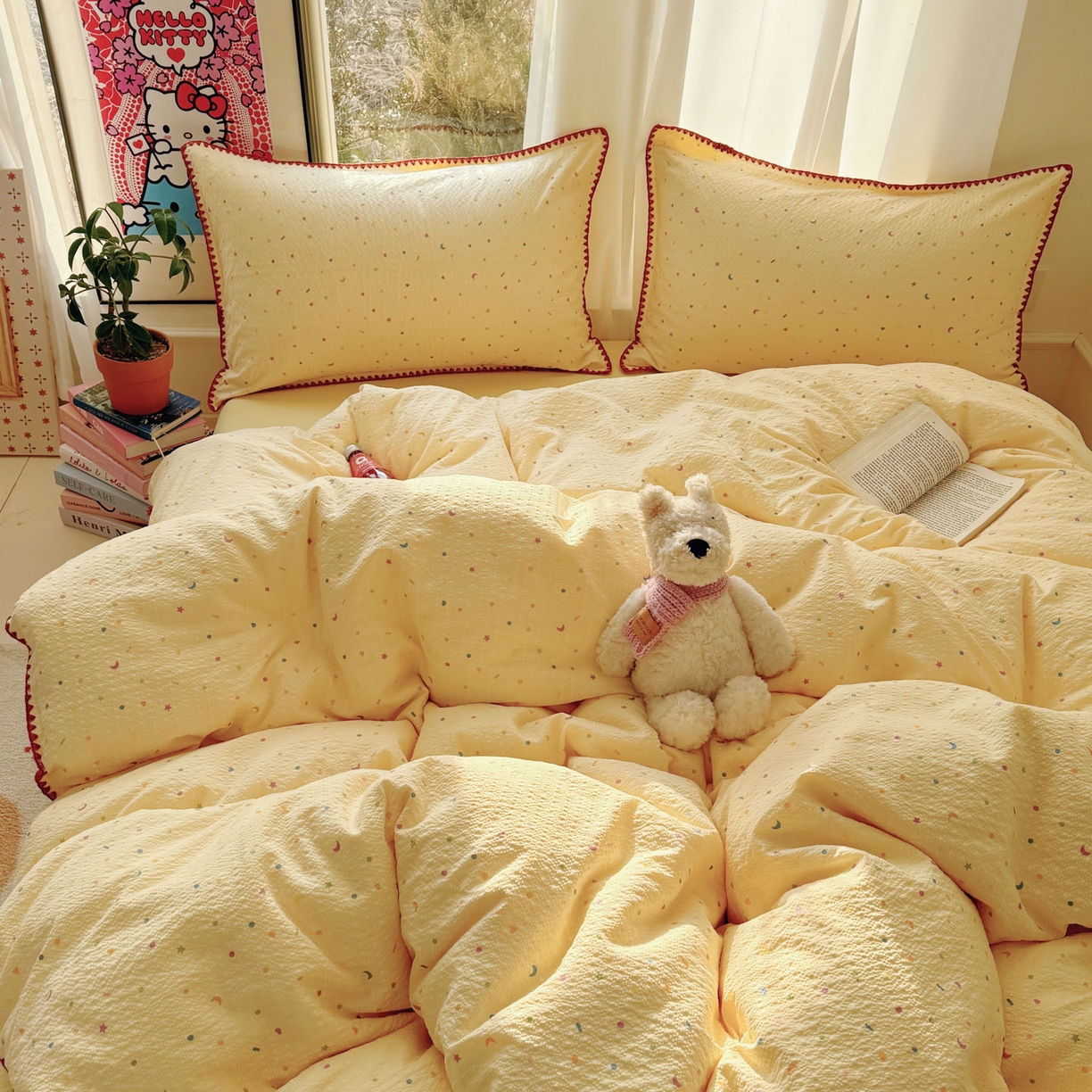 91家纺网 家纺一手货源 找家纺 玉海棠家纺 2026新款高品质A类泡芙纱甜栗贝壳边套件系列-小红书推荐（110g） 甜栗-星月糖粒