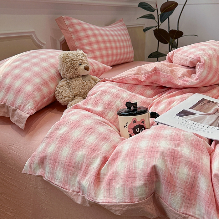 91家纺网 家纺一手货源 找家纺 麦朵家居 2026色织全棉水洗棉四件套暖格系列无印风床笠单被套长绒棉套件 樱花粉