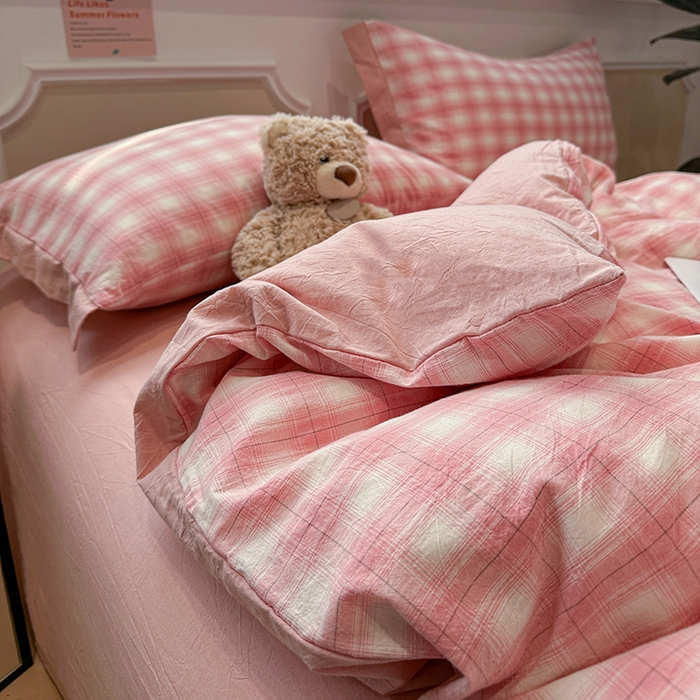 91家纺网 家纺一手货源 找家纺 麦朵家居 2026色织全棉水洗棉四件套暖格系列无印风床笠单被套长绒棉套件 樱花粉