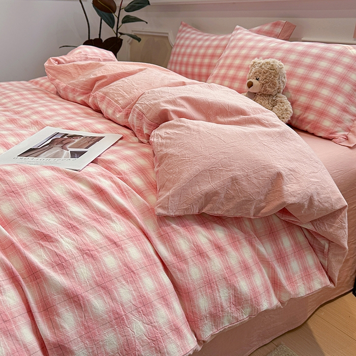 麦朵家居 2026色织全棉水洗棉四件套暖格系列无印风床笠单被套长绒棉套件 樱花粉