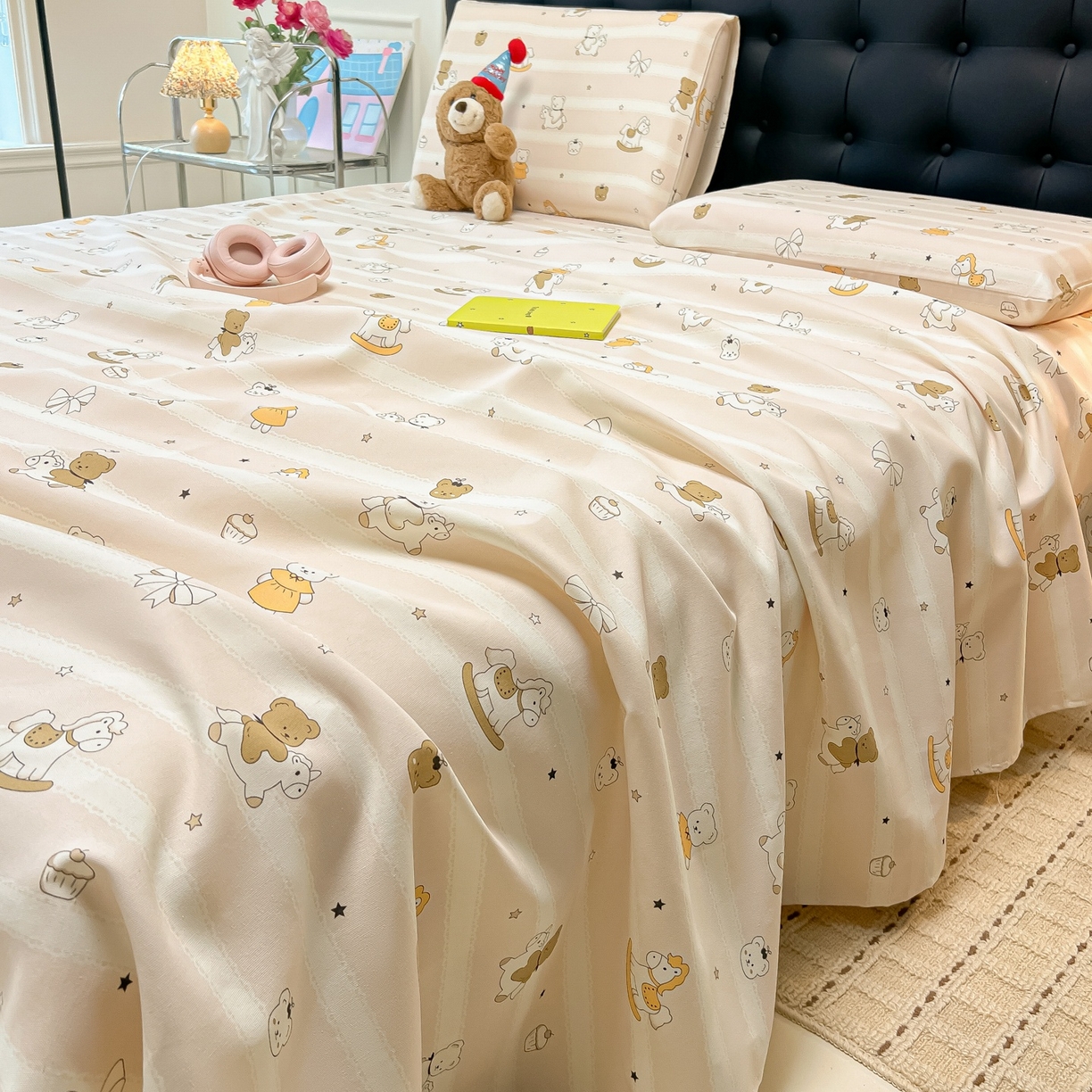 91家纺网 家纺一手货源 找家纺 韩巢家纺 2026新款老粗布床单凉席席子床单单件 童趣小熊【老粗布】