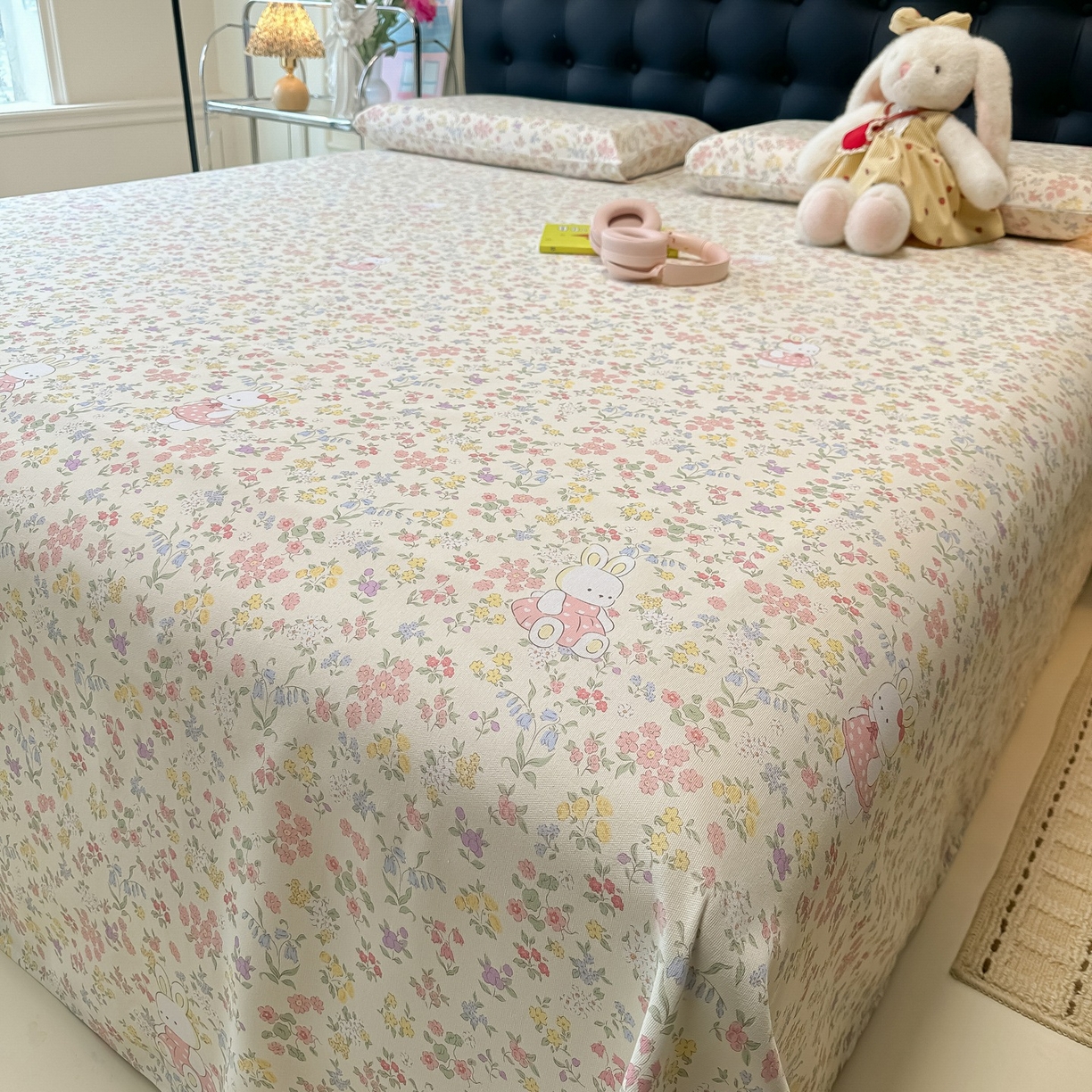 91家纺网 家纺一手货源 找家纺 韩巢家纺 2026新款老粗布床单凉席席子床单单件 兔子的花园【老粗布】